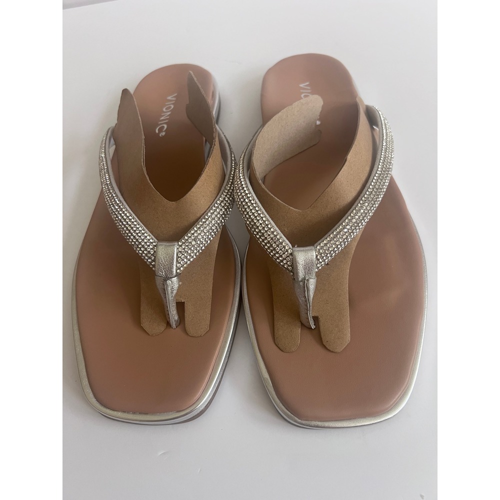 Vionic Vista Shine Silver Rhinestone Orthotic Thong Sandals Womens 8 Square Toe